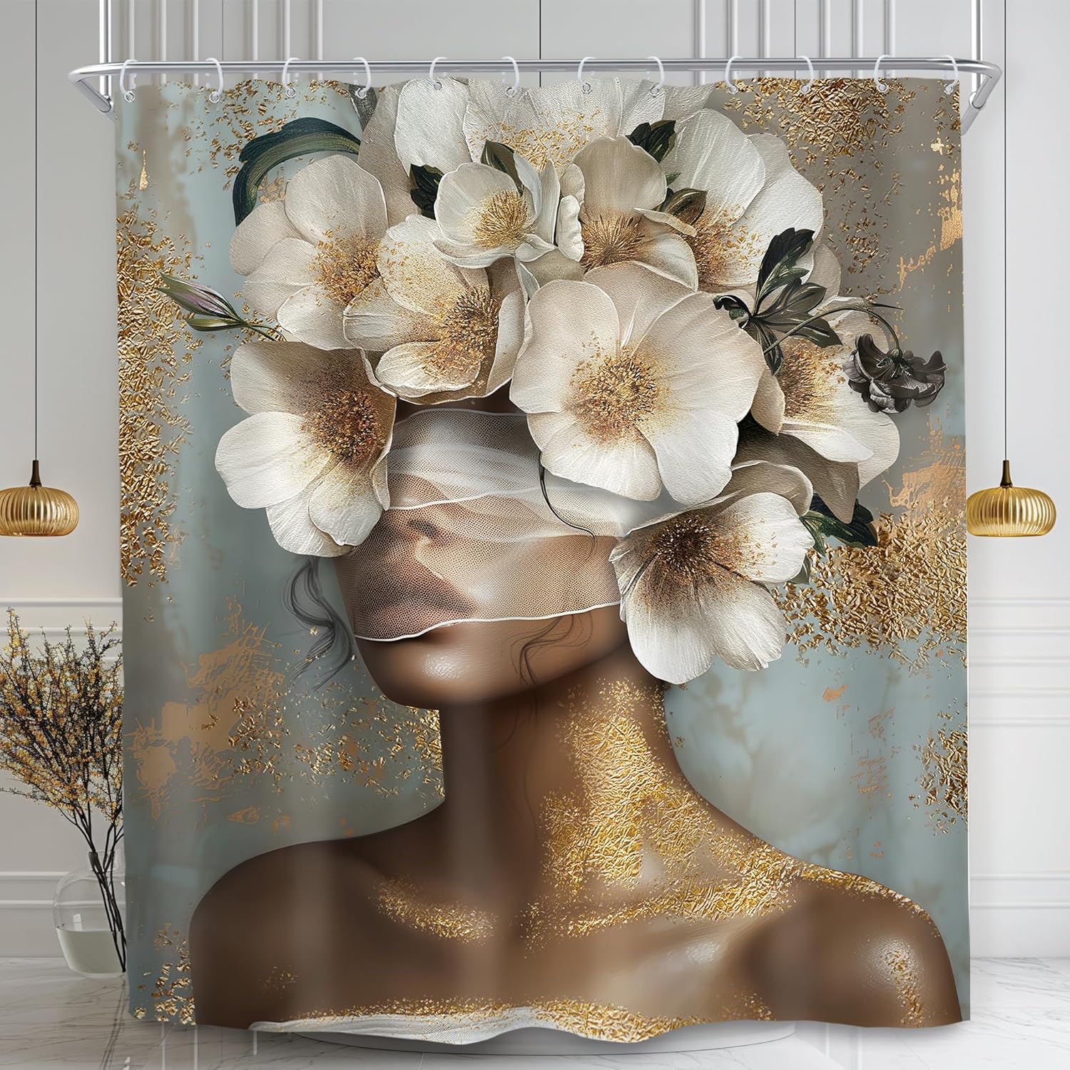 African American Shower Curtain, Black Gold Peony Floral, Modern Girly Quotes, Waterproof Polyester With Hooks W120xH180cm
African American Shower Curtain, Black Gold Peony Floral, Modern Girly Quotes, Waterproof Polyester With Hooks W120xH180cm