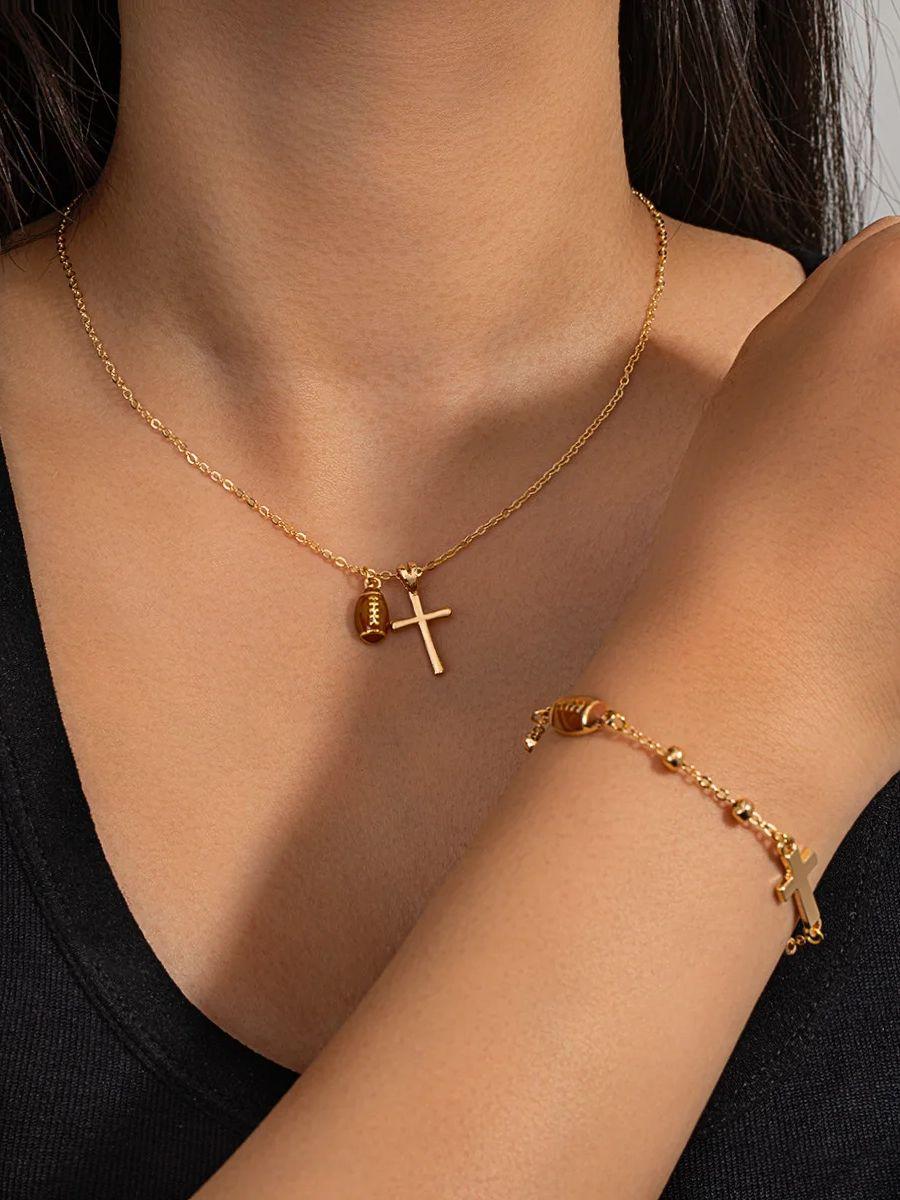American sporty style rugby cross set, simple and elegant clavicle necklace and bracelet
American sporty style rugby cross set, simple and elegant clavicle necklace and bracelet
