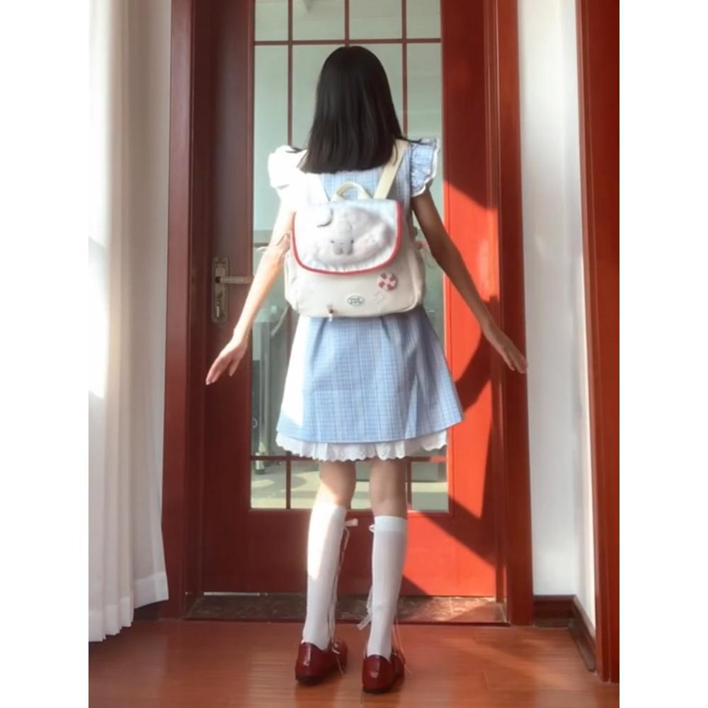 Летняя новая милая клетчатая кружевная ночная сорочка с короткими рукавами, японское студенческое платье, свободная пижама, можно носить на улице XL- (recommended 110-60kg)