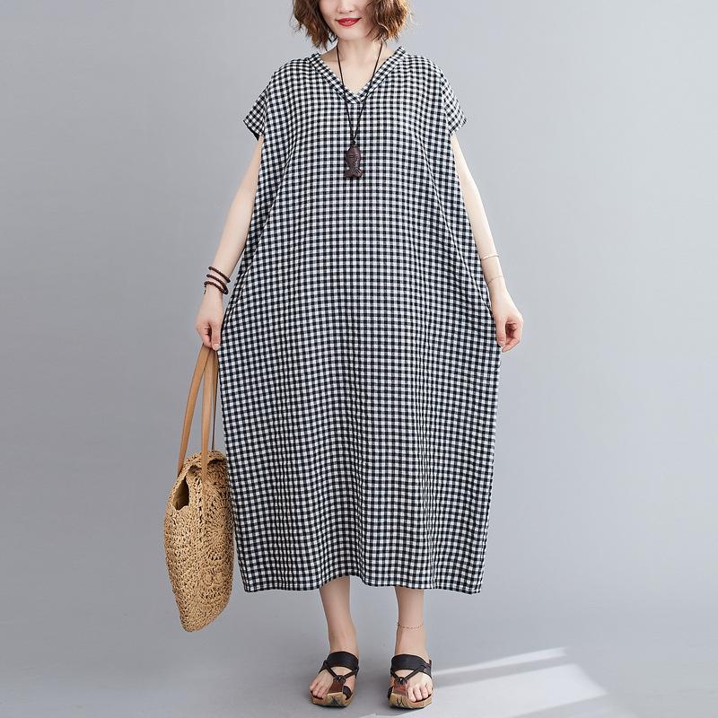 Summer New Retro Washed Check Cotton and Linen V-neck Loose Large-sized Short-sleeved Dress for Women L
Summer New Retro Washed Check Cotton and Linen V-neck Loose Large-sized Short-sleeved Dress for Women L