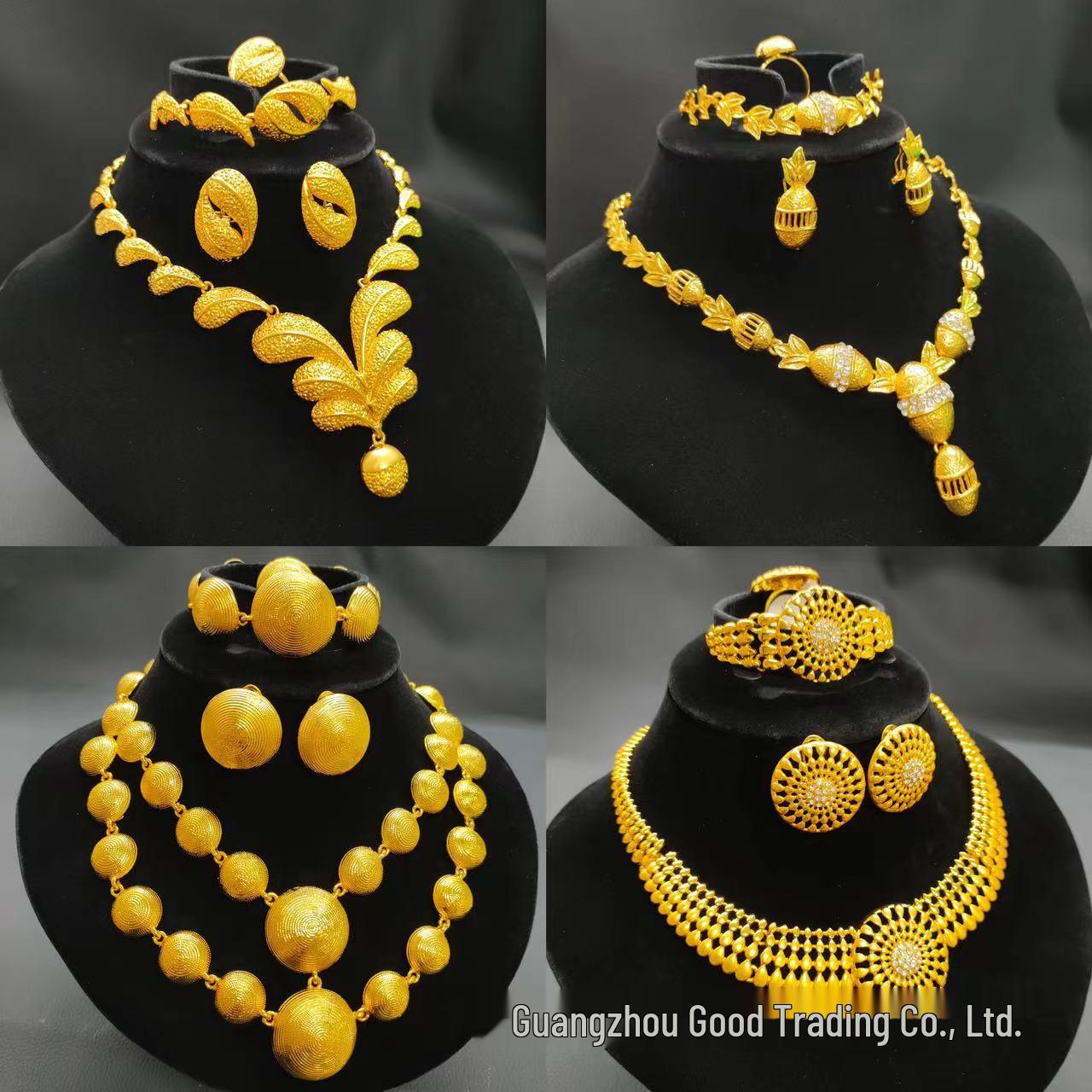 Middle East 24k Gold-Plated Jewelry Set: Necklace, Bracelet, Earrings & Ring - Dubai Collection.
Middle East 24k Gold-Plated Jewelry Set: Necklace, Bracelet, Earrings & Ring - Dubai Collection.