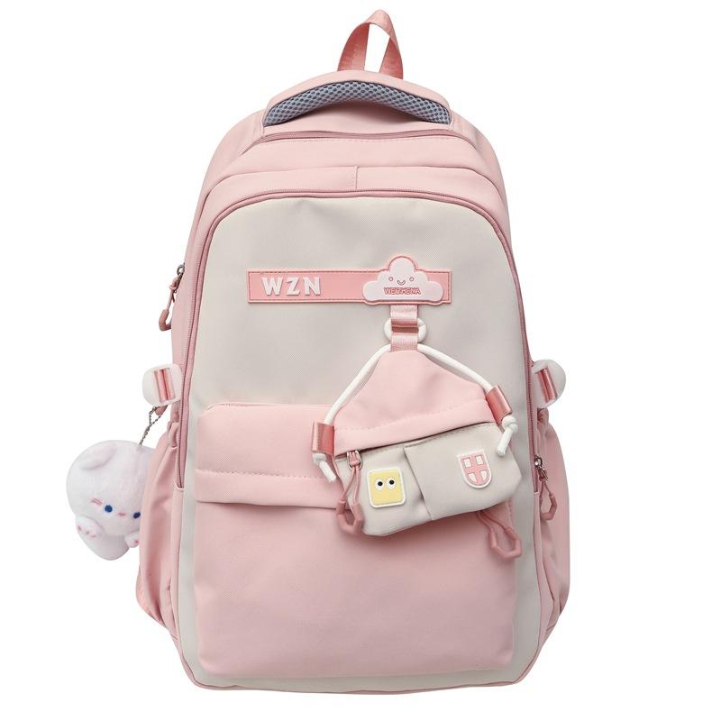 Студенческий школьный рюкзак для девочек, городской рюкзак для учебы, рюкзак для компьютера с цветовыми блоками, кампусный рюкзак с кошельком для монет розовый