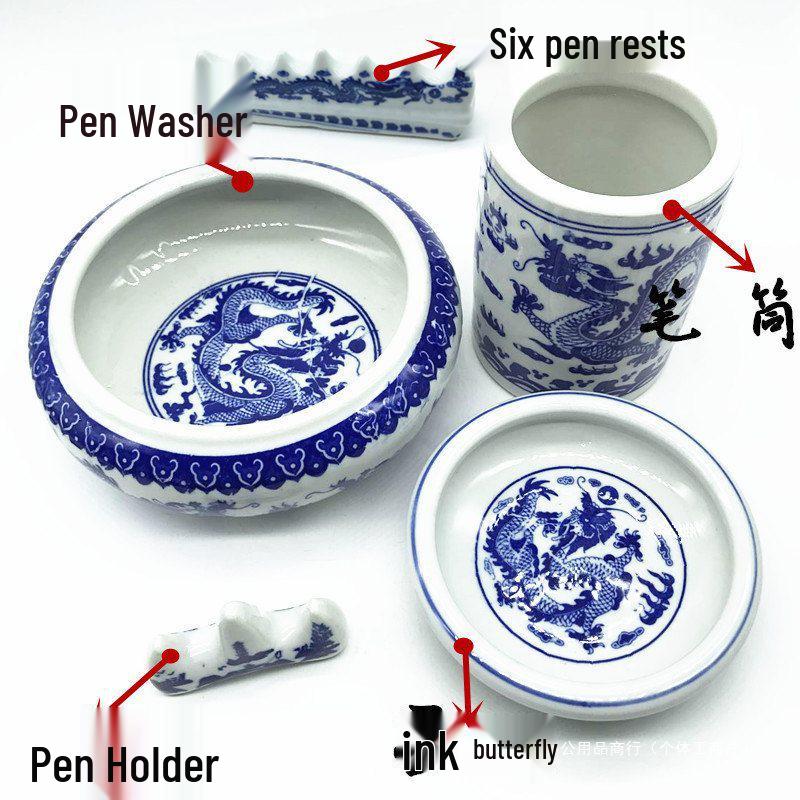 Blue and White Porcelain Calligraphy Set: Brush Washer, Brush Pot, Brush Rest, Ink Dish - Scholar s Four Treasures Collection. Three-Piece Set
Blue and White Porcelain Calligraphy Set: Brush Washer, Brush Pot, Brush Rest, Ink Dish - Scholar s Four Treasures Collection. Three-Piece Set