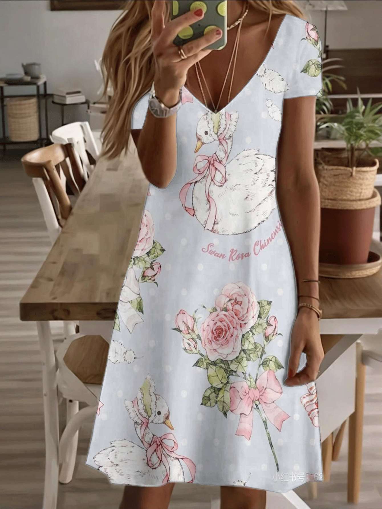 Vneck shortsleeve midi dress swan and rose print pattern 3D premium print durable casual fashion stylish summer outfit elegant floral design breathabl M дубильная кора
Vneck shortsleeve midi dress swan and rose print pattern 3D premium print durable casual fashion stylish summer outfit elegant floral design breathabl M дубильная кора