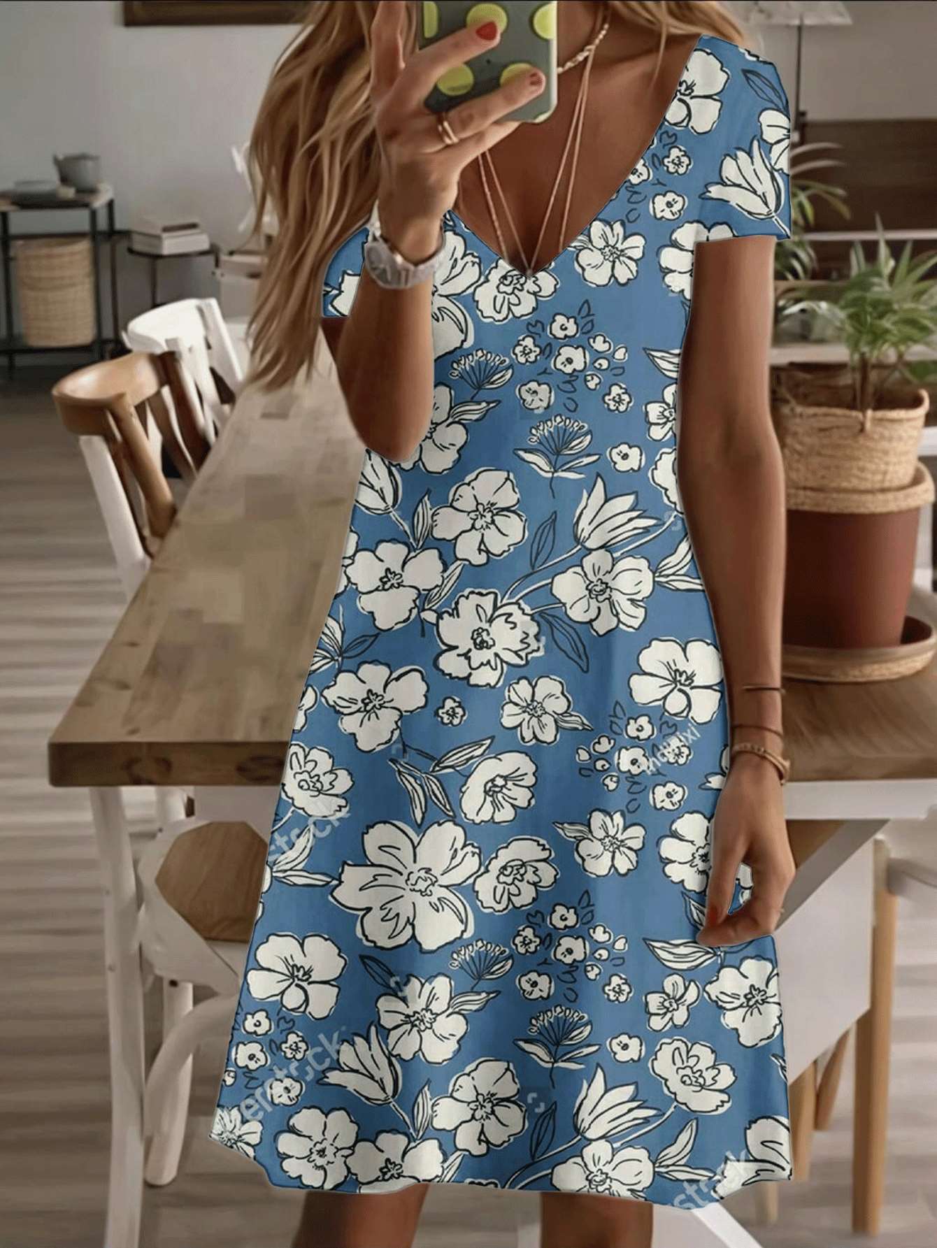 Vneck shortsleeve midi dress blue floral print women dress 3D premium flower pattern durable fabric comfortable casual and fashionable summer outf L дубильная кора
Vneck shortsleeve midi dress blue floral print women dress 3D premium flower pattern durable fabric comfortable casual and fashionable summer outf L дубильная кора