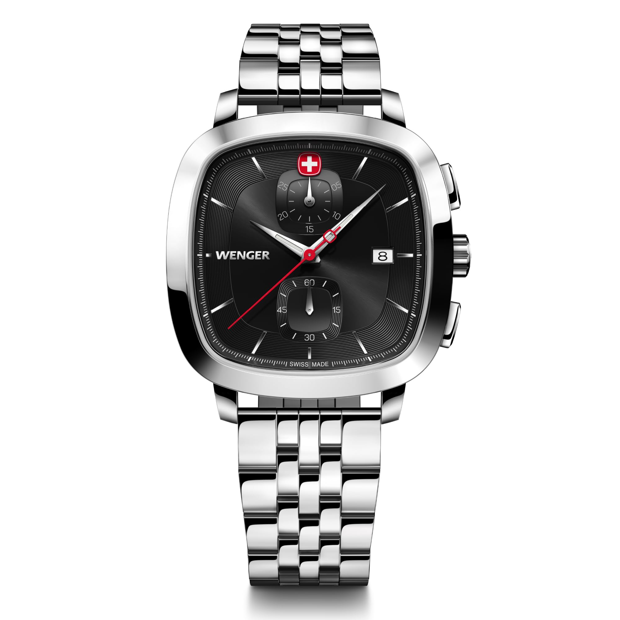 WENGER VINTAGE CLASSIC CHRONO Watch Chronograph Stainless Steel Case Black Dial Silver Stainless Steel Bracelet Chronograph Quartz 50m Water Resistant
WENGER VINTAGE CLASSIC CHRONO Watch Chronograph Stainless Steel Case Black Dial Silver Stainless Steel Bracelet Chronograph Quartz 50m Water Resistant