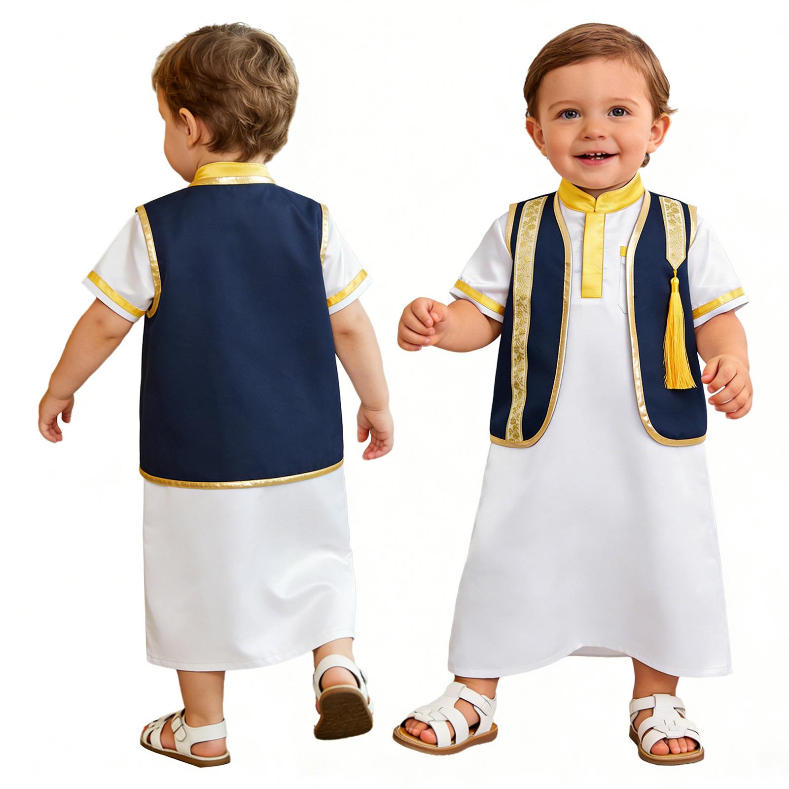 Toddler Boy Arabian Prince Costume Shiny Metallic Fringe Open Vest Stand Collar Short Sleeve Color Block Satin Robe for Cultural Event 3-6Months білий/темно-синього кольору
Toddler Boy Arabian Prince Costume Shiny Metallic Fringe Open Vest Stand Collar Short Sleeve Color Block Satin Robe for Cultural Event 3-6Months білий/темно-синього кольору