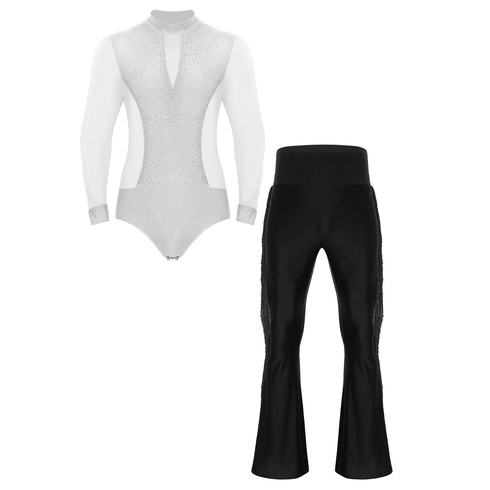 Mens Figure Skating Dance Bodysuit Long Sleeve Mesh Spliced Rhinestone Leotard High Waist Tassel Flared Pants M
Mens Figure Skating Dance Bodysuit Long Sleeve Mesh Spliced Rhinestone Leotard High Waist Tassel Flared Pants M