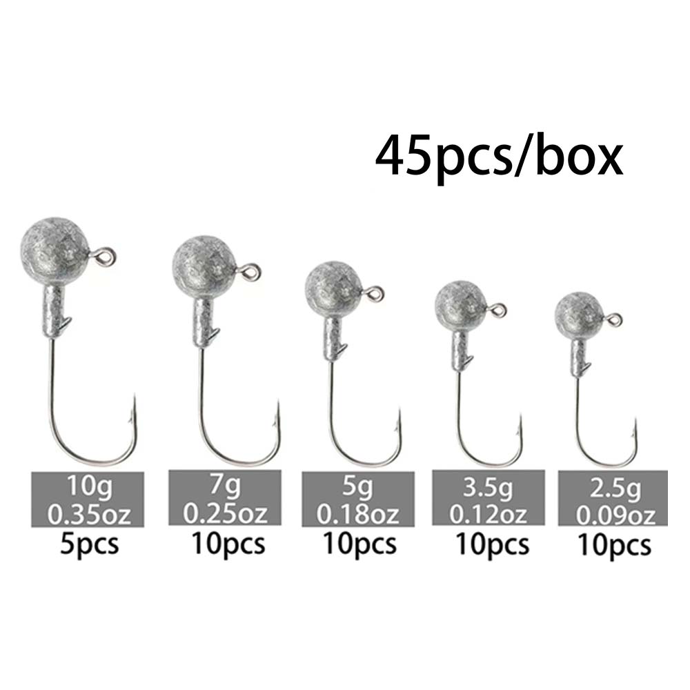 45 шт./коробка 2,5 г 3,5 г 5 г 7 г 10 г Джиг-крючок с круглой головкой, Острый крючок из углеродистой стали для мягкой приманки-червя
45 шт./коробка 2,5 г 3,5 г 5 г 7 г 10 г Джиг-крючок с круглой головкой, Острый крючок из углеродистой стали для мягкой приманки-червя