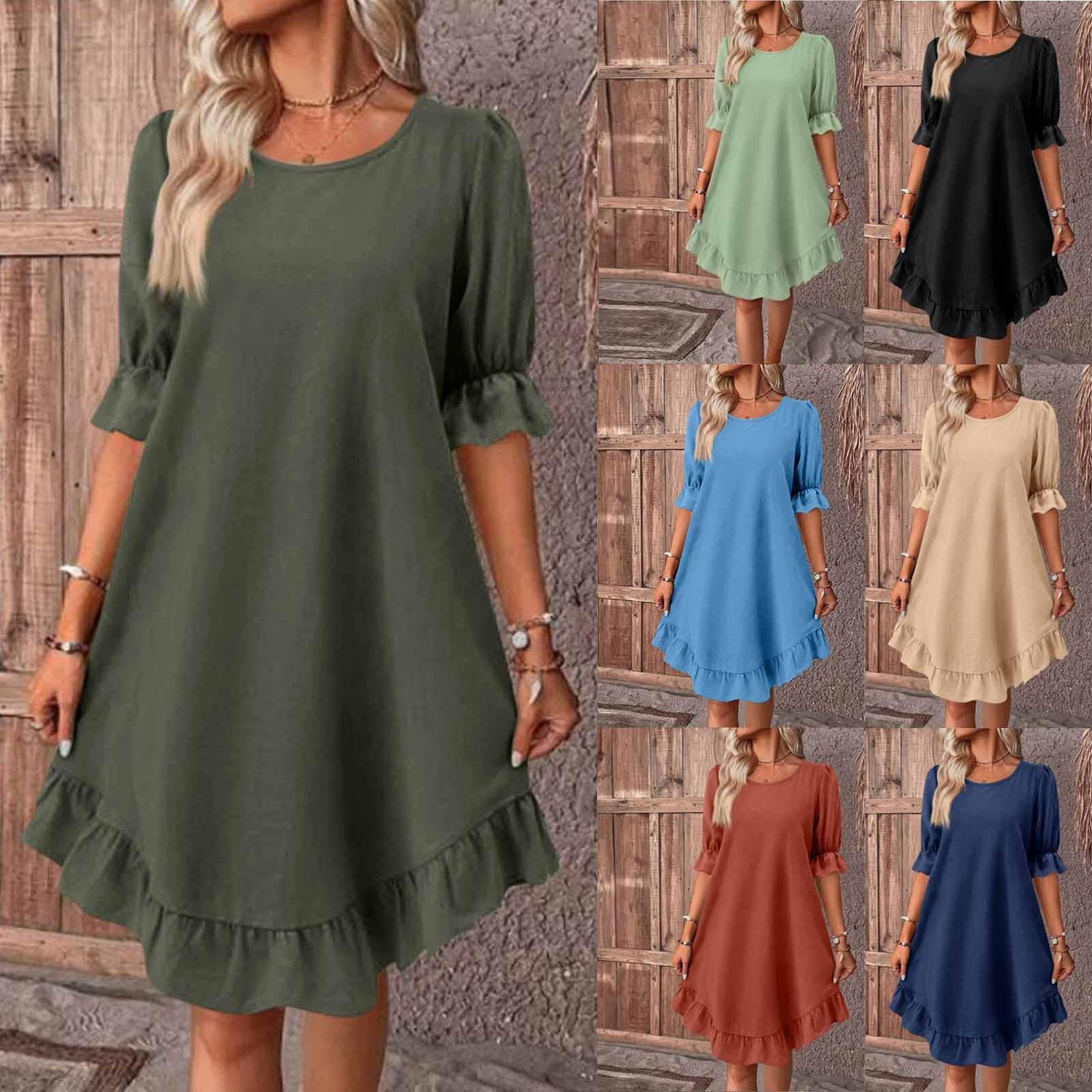 Женское летнее повседневное платье с рукавами миди, однотонные пуловеры с круглым вырезом, платья M хаки 
Женское летнее повседневное платье с рукавами миди, однотонные пуловеры с круглым вырезом, платья M хаки