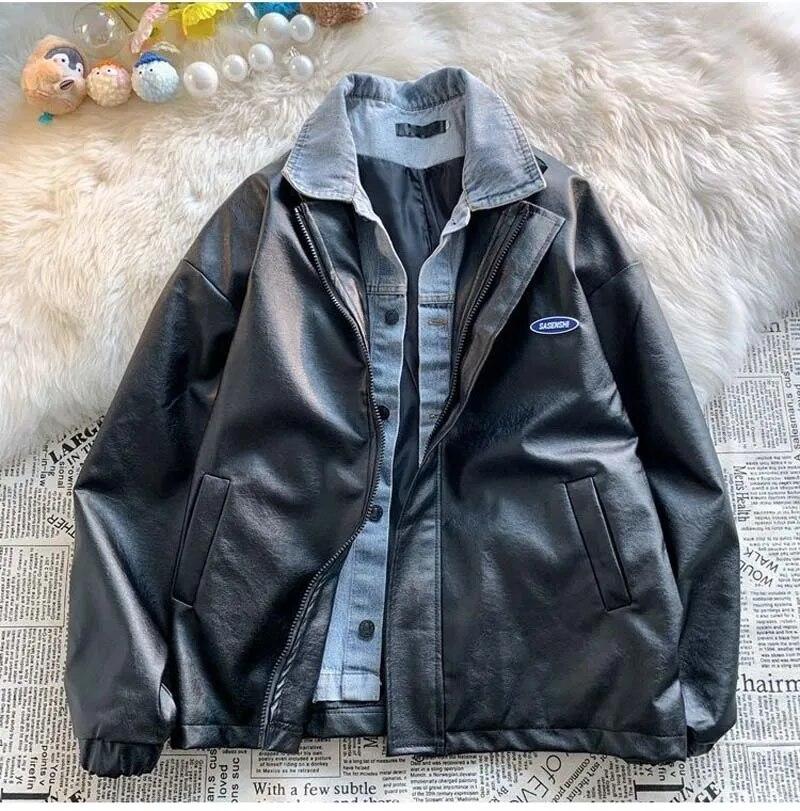 PU Leather Jacket Men s Fake Two-Piece Fashion Loose Autumn Korean Contrast Color 2022 Zipper Lapel Motorcycle Male Tops
PU Leather Jacket Men s Fake Two-Piece Fashion Loose Autumn Korean Contrast Color 2022 Zipper Lapel Motorcycle Male Tops