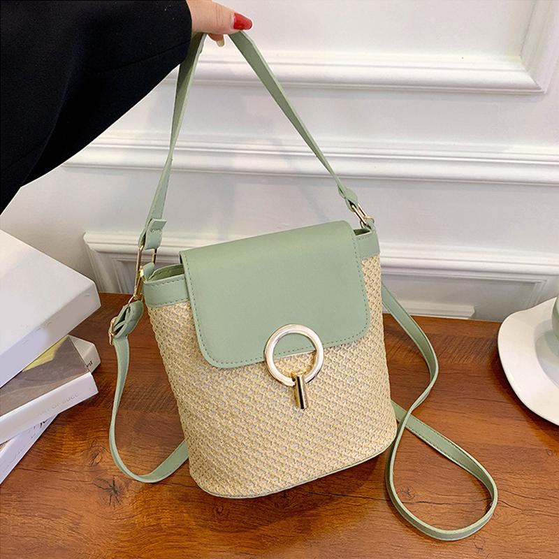 Маленькая соломенная сумка-ведро для женщин, летние сумки через плечо, пляжные сумки для женщин из ротанга, дорожные кошельки и сумки через плечо 20*12*21cm зелёный