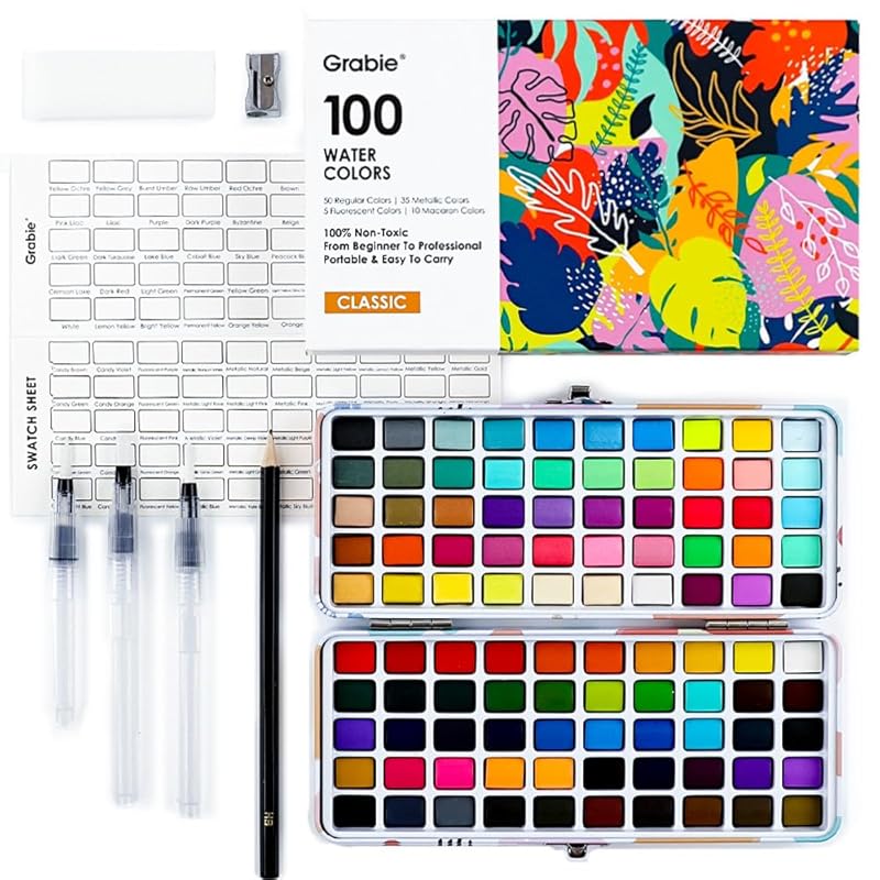 Grabie 100 colors watercolor paint set - 50 regular sheets, 35 metallic colors, 10 macarons, 5 fluorescent colors portable Comes with carrying case,
Grabie 100 colors watercolor paint set - 50 regular sheets, 35 metallic colors, 10 macarons, 5 fluorescent colors portable Comes with carrying case,