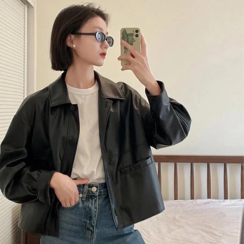 Women Spring and Autumn Vintage Lapel Thin Single-Breasted PU Leather Jacket XL чёрный
Women Spring and Autumn Vintage Lapel Thin Single-Breasted PU Leather Jacket XL чёрный