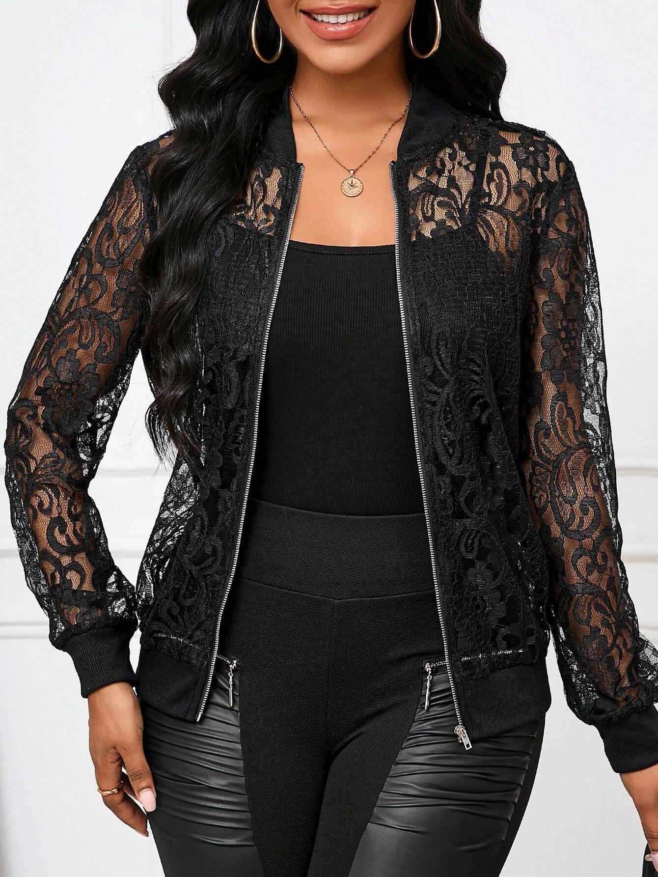 women s Sheer Lace Long Sleeve Zip Up Slim Fit Baseball Collar Bomber Jacket Casual Outerwear Coat 5XL чорний
women s Sheer Lace Long Sleeve Zip Up Slim Fit Baseball Collar Bomber Jacket Casual Outerwear Coat 5XL чорний