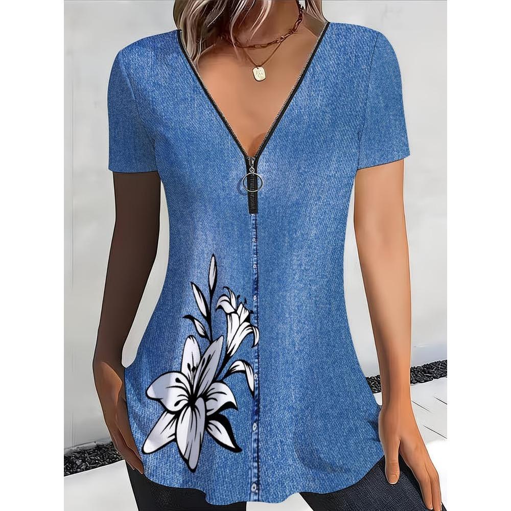 Summer loose T-shirt fashionable and elegant zipper V-neck color blocked printed T-shirt plus size women s short sleeved shirt L
Summer loose T-shirt fashionable and elegant zipper V-neck color blocked printed T-shirt plus size women s short sleeved shirt L