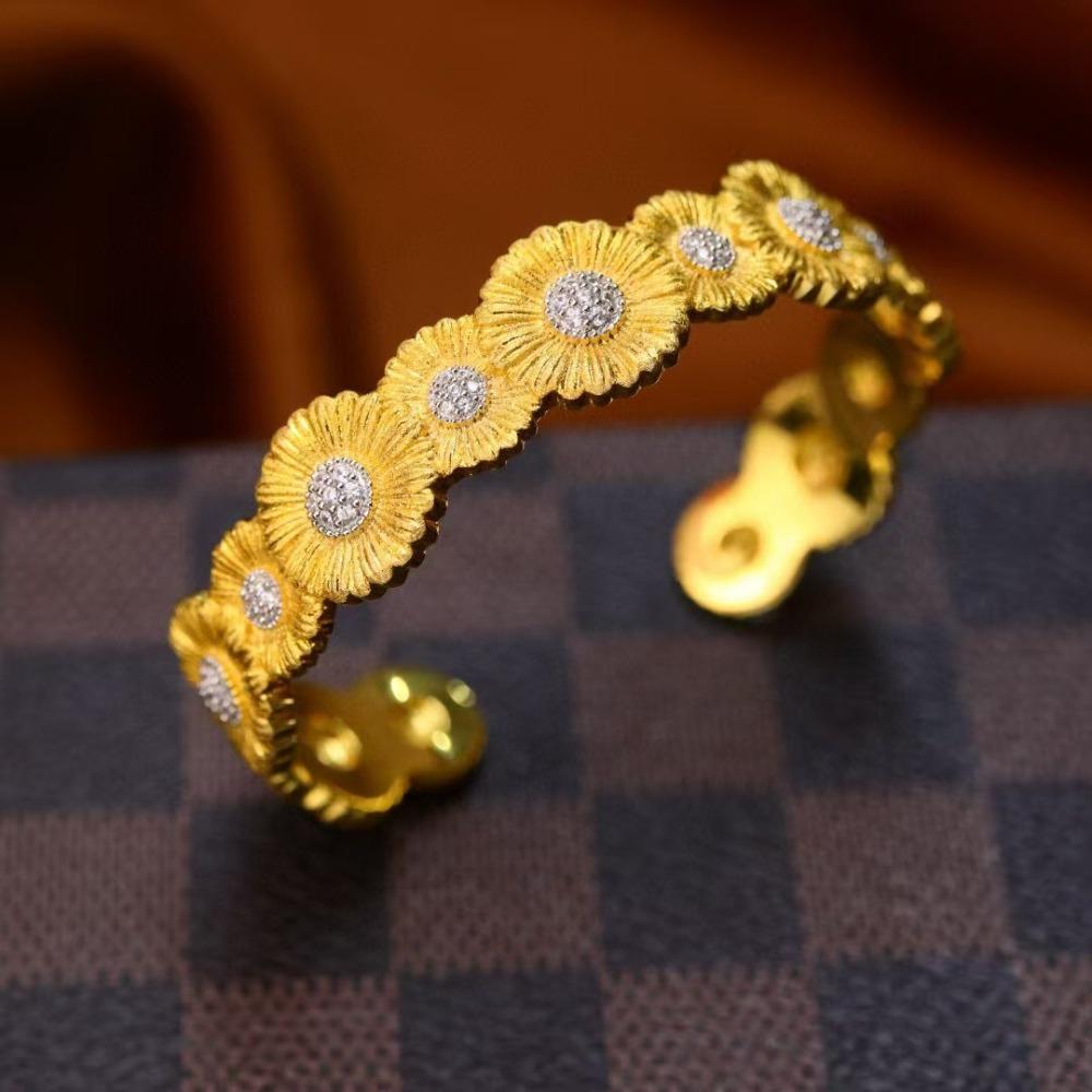 Wide Italian Bangle Bracelet Handmade Two Tone Gold Daisy Flower with Diamond Accents for Women
Wide Italian Bangle Bracelet Handmade Two Tone Gold Daisy Flower with Diamond Accents for Women