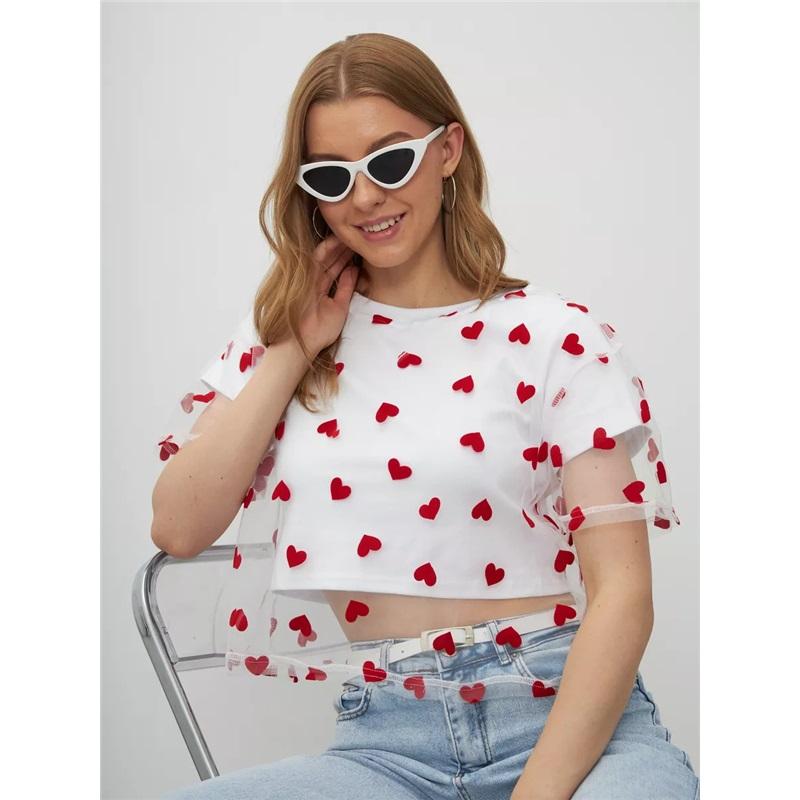 Summer Heart Shaped Mesh Patchwork Color Block T-shirt For Women - Faux Two Piece European And American Style Cotton Short Top S/M білий
Summer Heart Shaped Mesh Patchwork Color Block T-shirt For Women - Faux Two Piece European And American Style Cotton Short Top S/M білий