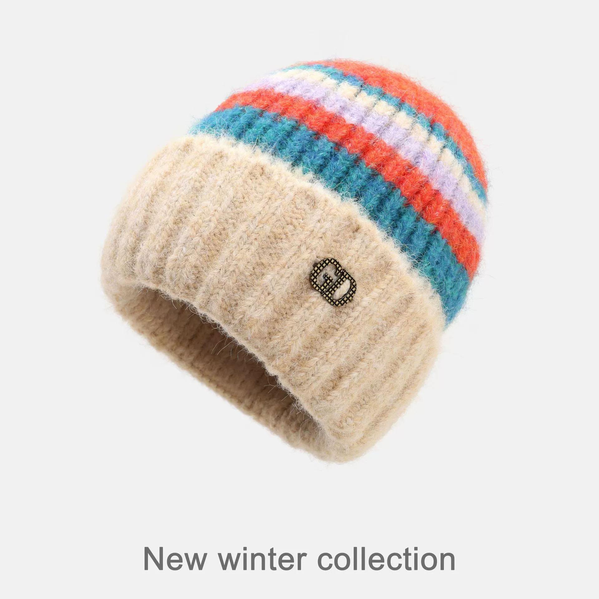 Autumn and Winter Fashion Alphabet Label Colorful Stripe Knitted Baotou Hat Women Thickened for Keep Warmth No Eaves Knitted Hat
Autumn and Winter Fashion Alphabet Label Colorful Stripe Knitted Baotou Hat Women Thickened for Keep Warmth No Eaves Knitted Hat