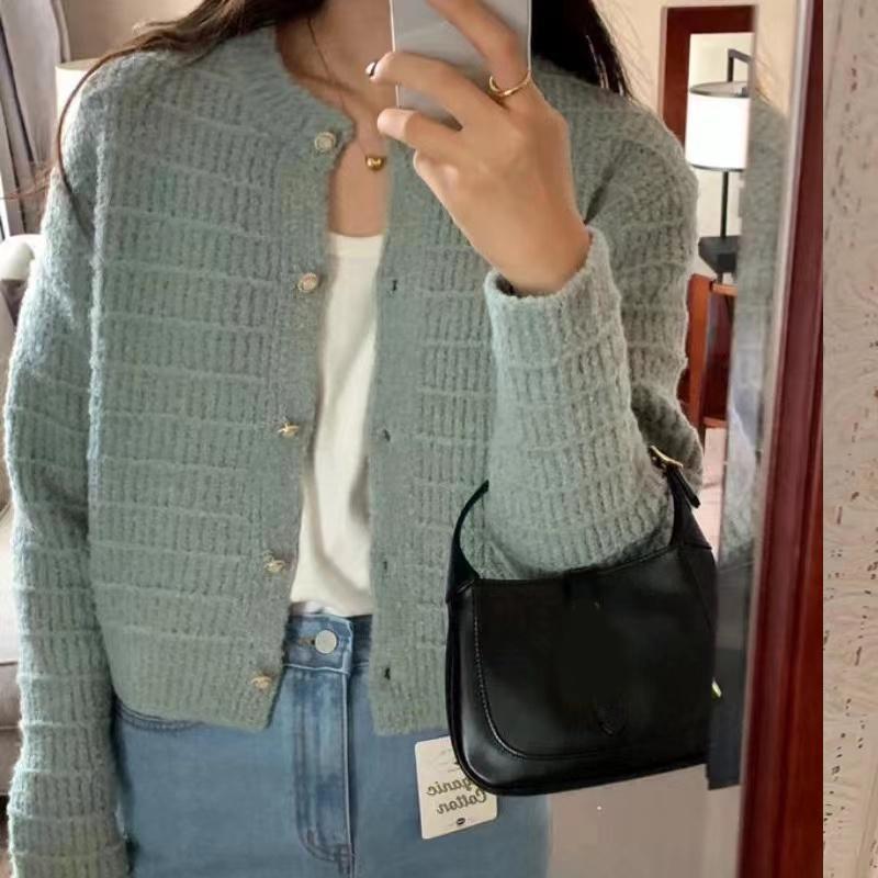 Корейская мода осень и зима длинный рукав вязаный свитер ретро круглый вырез свободные короткие пальто элегантные винтажные свободные топы одежда 2003 One Size синий