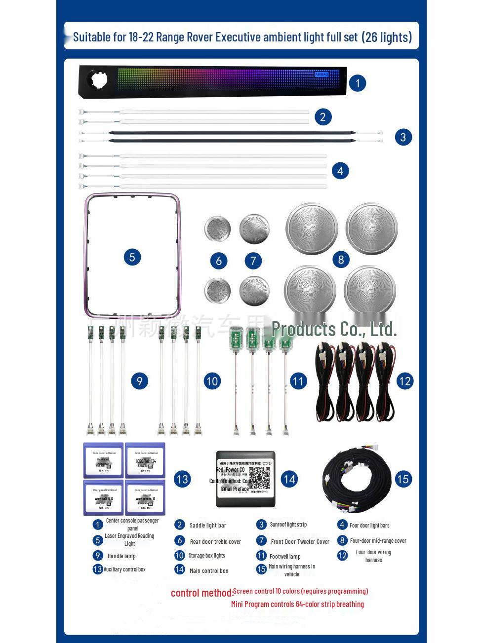 64-цветная подсветка салона для 2012 Land Rover Range Rover Executive - Замена по индивидуальному заказу 2018-2022 Model
64-цветная подсветка салона для 2012 Land Rover Range Rover Executive - Замена по индивидуальному заказу 2018-2022 Model