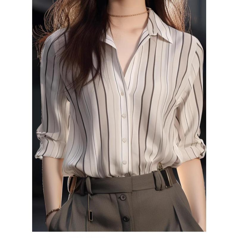 women vertical striped satin shirt turn down collar 3/4 sleeve button down casual blouse S
women vertical striped satin shirt turn down collar 3/4 sleeve button down casual blouse S