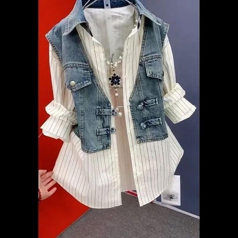 Korean Design Sense Striped Denim Jackets Shirt Women Spring Summer Splicing Fake Two Pieces Shirt Top Ladies XXXL бежевий
Korean Design Sense Striped Denim Jackets Shirt Women Spring Summer Splicing Fake Two Pieces Shirt Top Ladies XXXL бежевий