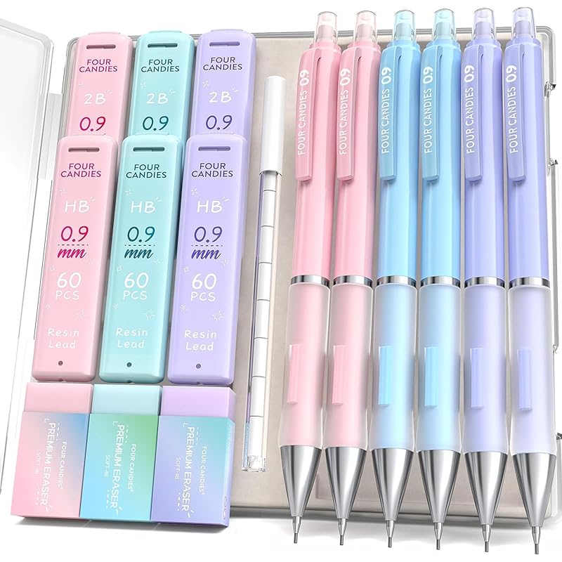 Four Candies 0.9mm mechanical pencil set - 6 cute pencils and 360 HB/2B lead refills, 3 pastel erasers and 9 eraser refills, aesthetic school supplies
Four Candies 0.9mm mechanical pencil set - 6 cute pencils and 360 HB/2B lead refills, 3 pastel erasers and 9 eraser refills, aesthetic school supplies