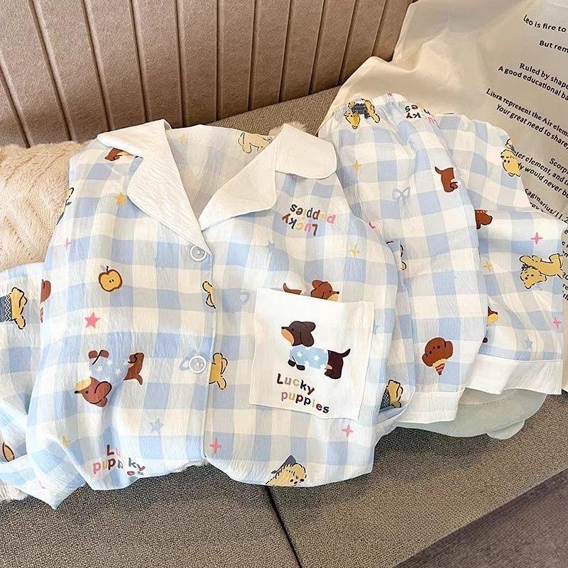 Summer blue plaid sausage puppy pajamas women s short-sleeved shorts can be worn outside a two-piece princess style loungewear XXL
Summer blue plaid sausage puppy pajamas women s short-sleeved shorts can be worn outside a two-piece princess style loungewear XXL