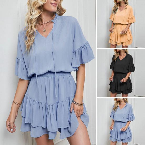 Women Mini Dress Ruffle Patchwork V Neck Drawstring Solid Color Elastic Above Knee Dating Party Summer Dress
Women Mini Dress Ruffle Patchwork V Neck Drawstring Solid Color Elastic Above Knee Dating Party Summer Dress