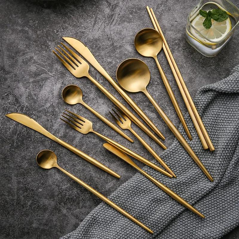 Matte Gold 18/10 Stainless Steel Luxury Cutlery Dinnerware Tableware Knife Spoon Fork Chopsticks Flatware Set Dishwasher Safe
Matte Gold 18/10 Stainless Steel Luxury Cutlery Dinnerware Tableware Knife Spoon Fork Chopsticks Flatware Set Dishwasher Safe