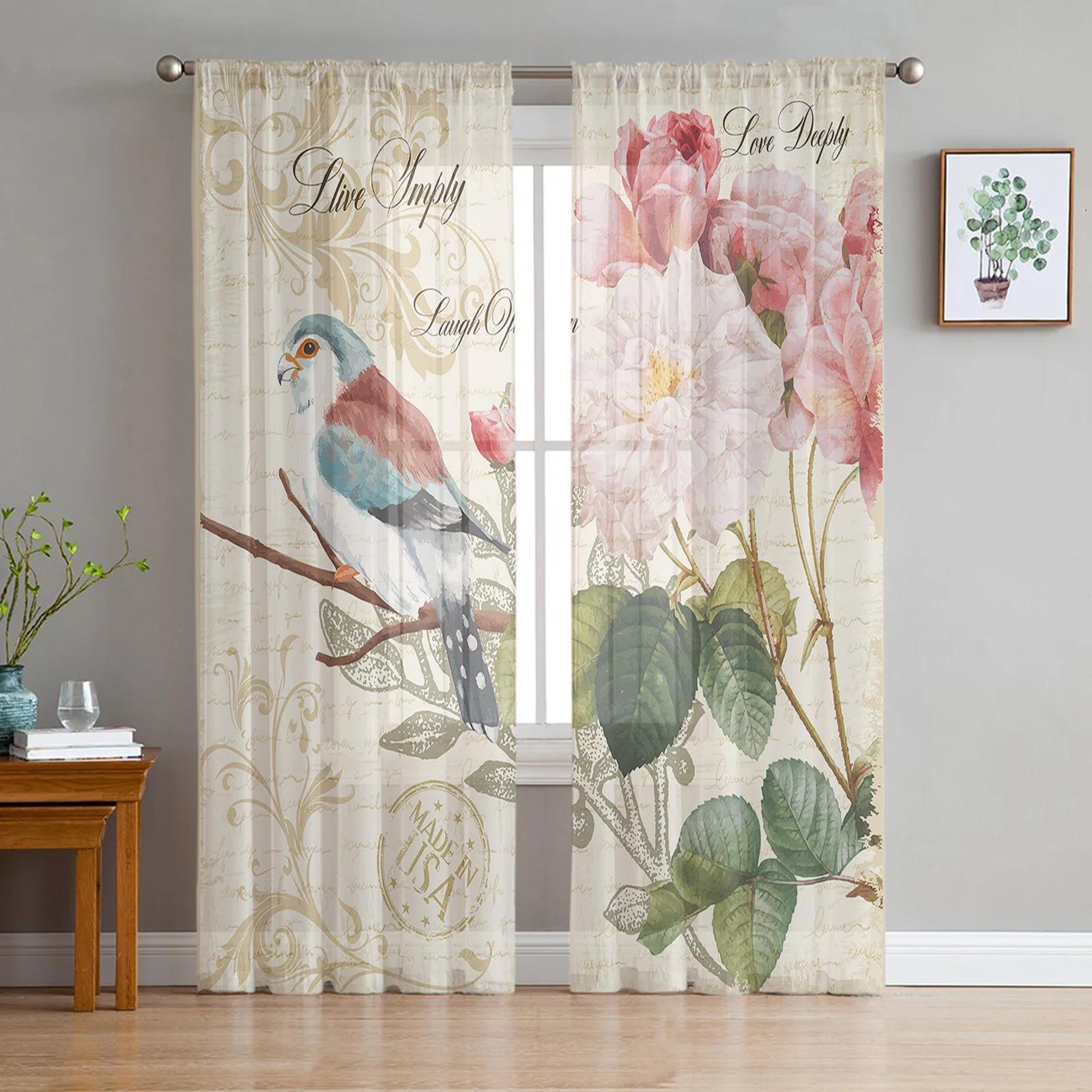 Птица Цветок Суккулент Бабочка Белые Прозрачные Шторы для Украшения Гостиной Оконные Шторы Кухни Тюль Вуаль Шторы W135 x H115cm x1&Grommet Top