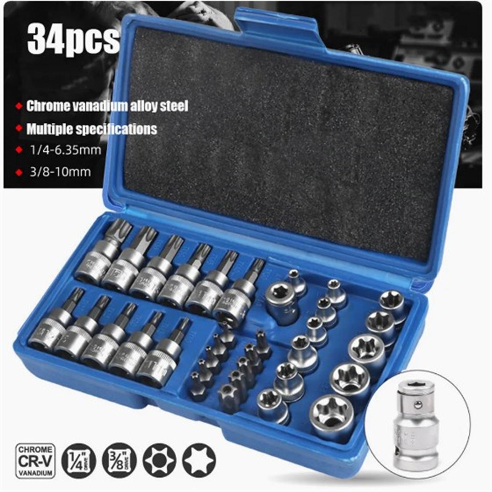 34Pcs Torx Star Sockets Bit Set 3/8 Ratchet Wrench With 5/16 Hex Socket Screw Combination Handheld Tool For Home 34pcs
34Pcs Torx Star Sockets Bit Set 3/8 Ratchet Wrench With 5/16 Hex Socket Screw Combination Handheld Tool For Home 34pcs
