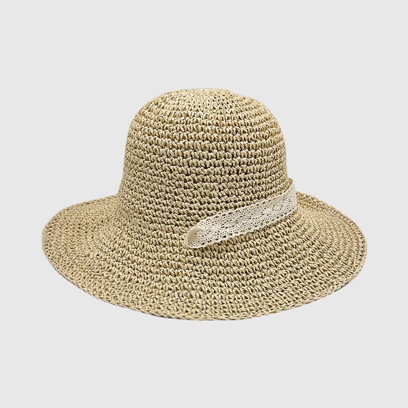 Летняя прогулочная шляпа от солнца с кружевной лентой, женская уличная пляжная соломенная шляпа, маленькая складная шляпа от солнца M(56-58cm) хаки