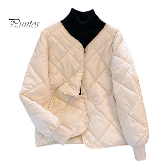 Зимнее пуховое пальто с карманами, утепленное, с V-образным вырезом, ромбовидной строчкой, застежкой-молнией, ветрозащитное, сохраняющее тепло, повседневная верхняя одежда для холодной погоды, хлопковая куртка M бежевый