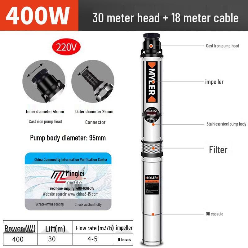 Занурювальний свердловинний насос високого підйому Minglei - Низький рівень шуму, Повністю мідний, Нержавіюча сталь 400W/220V Cast Iron Head
Занурювальний свердловинний насос високого підйому Minglei - Низький рівень шуму, Повністю мідний, Нержавіюча сталь 400W/220V Cast Iron Head