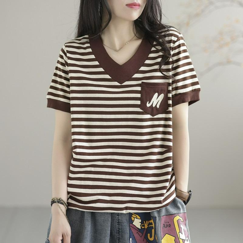 Plus Size Women s Striped Short-sleeved T-shirt Women s Cotton Summer V-neck Embroidered Literary Loose All-match Top 5XL кавовий
Plus Size Women s Striped Short-sleeved T-shirt Women s Cotton Summer V-neck Embroidered Literary Loose All-match Top 5XL кавовий