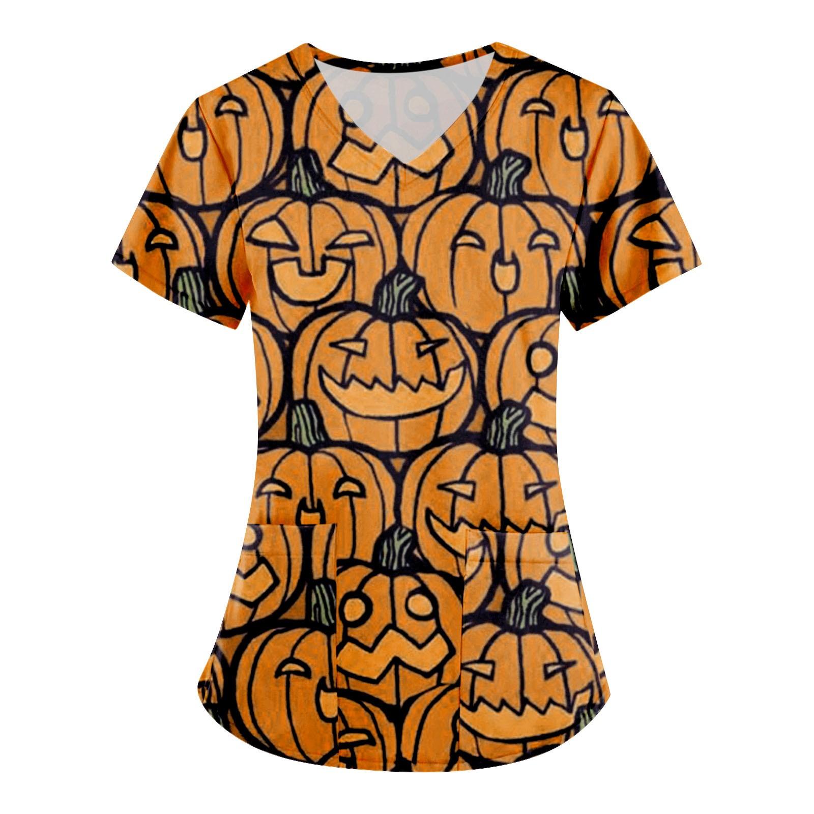 Women Fashion Halloween Printing Short Sleeve V-Neck Tops Working Uniform Pocket Blouse S помаранчевий
Women Fashion Halloween Printing Short Sleeve V-Neck Tops Working Uniform Pocket Blouse S помаранчевий