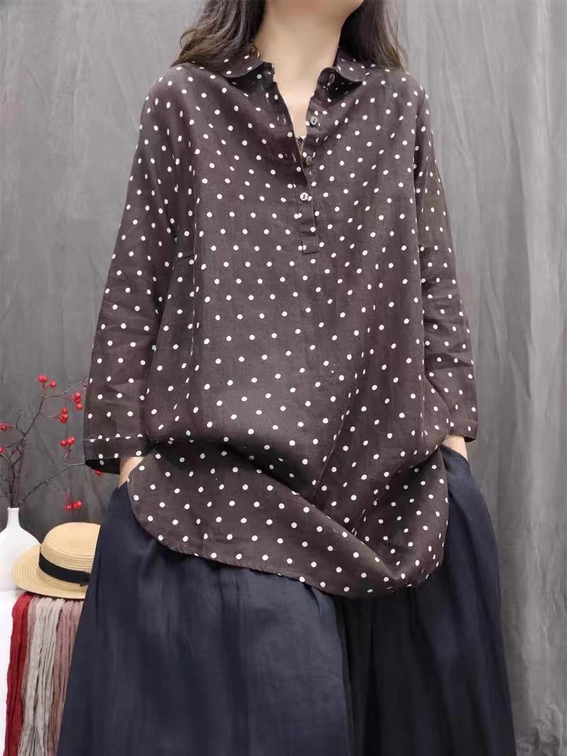 Spring and Autumn Point Long Sleeve Shirt for Women Vintage Half Open Collar Loose and Versatile Personalized Artistic Wave 2XL темно-коричневого кольору
Spring and Autumn Point Long Sleeve Shirt for Women Vintage Half Open Collar Loose and Versatile Personalized Artistic Wave 2XL темно-коричневого кольору
