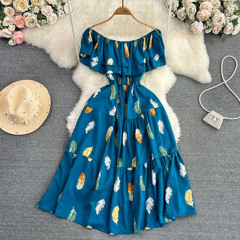 Gentle off-Shoulder Shoulder-Baring Ruffles Waist-Tight Slim Looking A- line Printed Dress Seaside Holiday Large Swing Dress Tibetan Blue One size
Gentle off-Shoulder Shoulder-Baring Ruffles Waist-Tight Slim Looking A- line Printed Dress Seaside Holiday Large Swing Dress Tibetan Blue One size