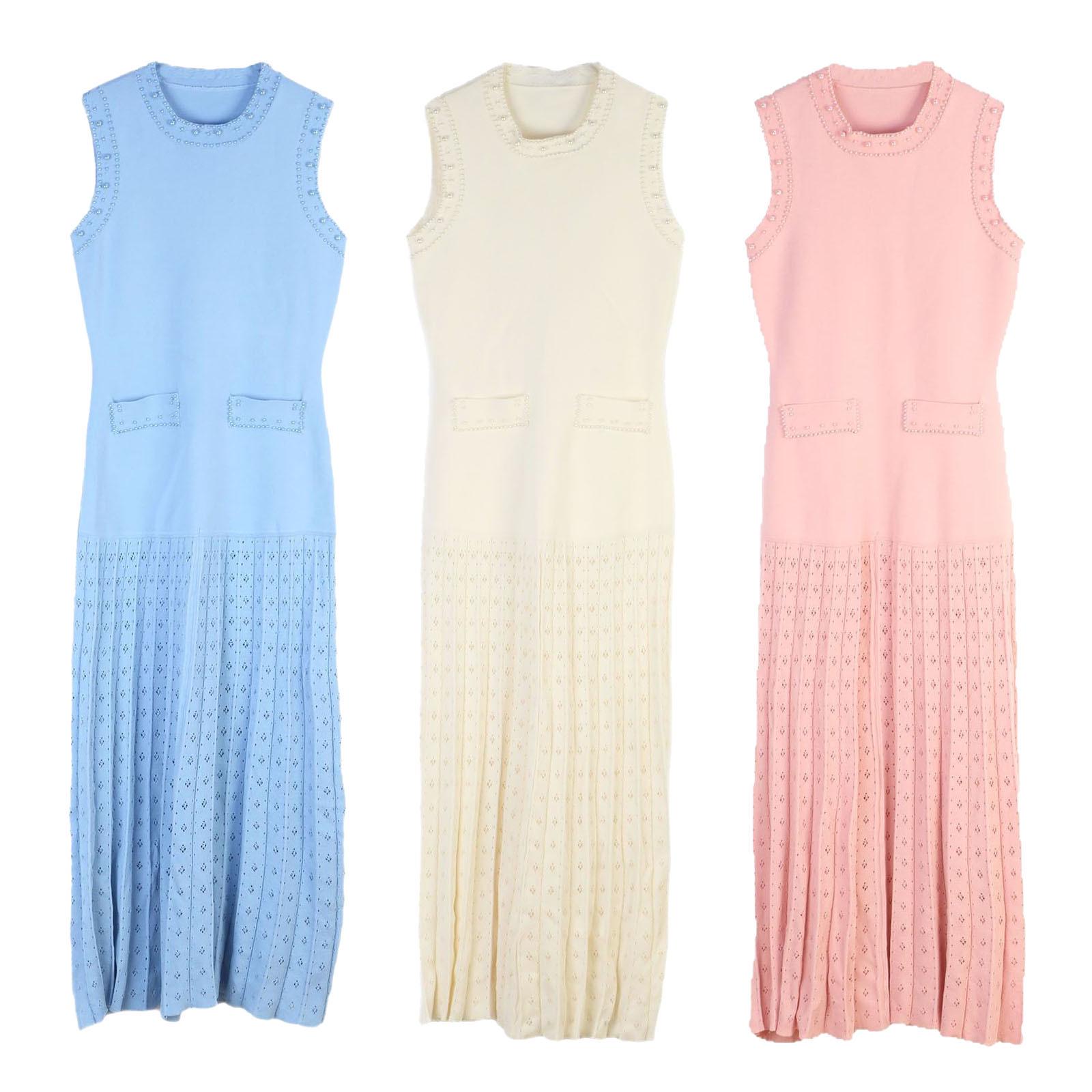 Elegant French Knitted Dress: Sleeveless, Beaded, Hollow-out Design, Slim Fit, Round Neck - Perfect for Spring/Summer Medium 
Elegant French Knitted Dress: Sleeveless, Beaded, Hollow-out Design, Slim Fit, Round Neck - Perfect for Spring/Summer Medium