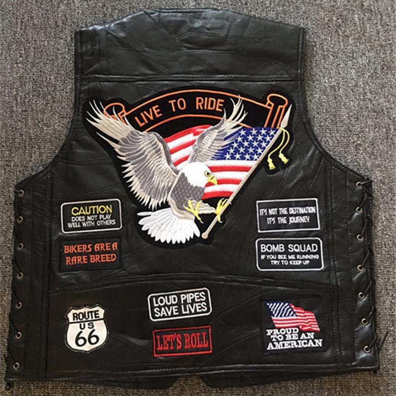Мужской классический мотоциклетный жилет из кожи ягненка с 14 вышитыми нашивками L чёрный
Мужской классический мотоциклетный жилет из кожи ягненка с 14 вышитыми нашивками L чёрный
