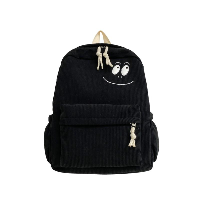 Однотонный вельветовый женский школьный рюкзак со смайликом для студентов чёрный