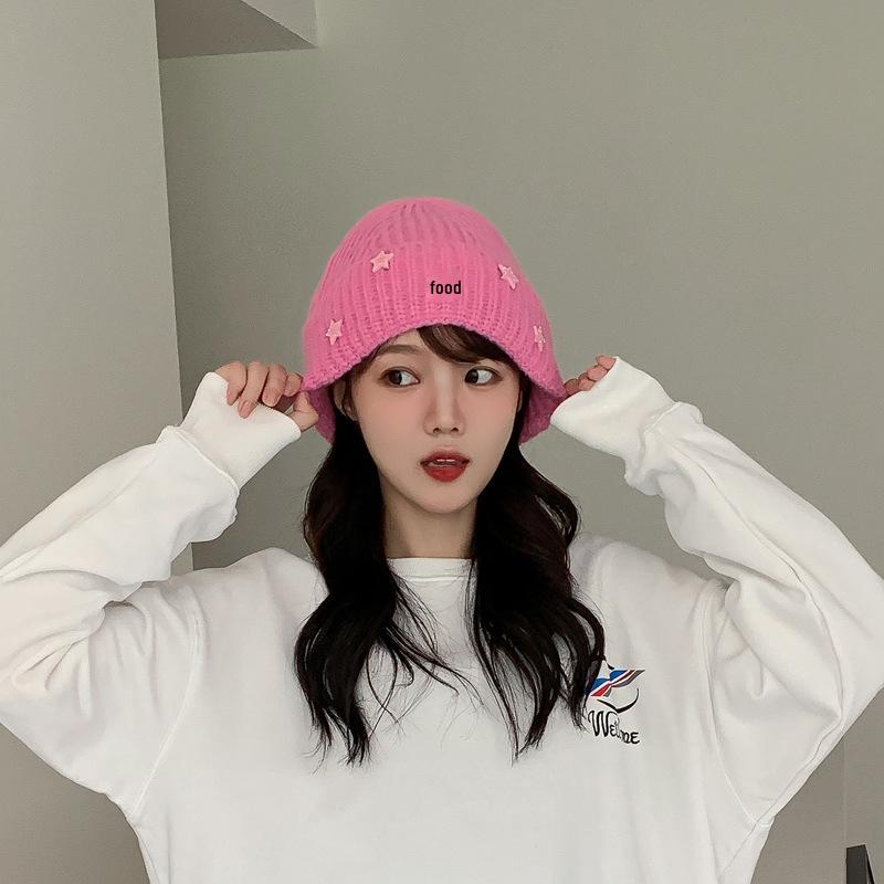 Женская теплая шерстяная шапка с защитой ушей - корейский стиль, большой размер для эффекта маленького лица розовый