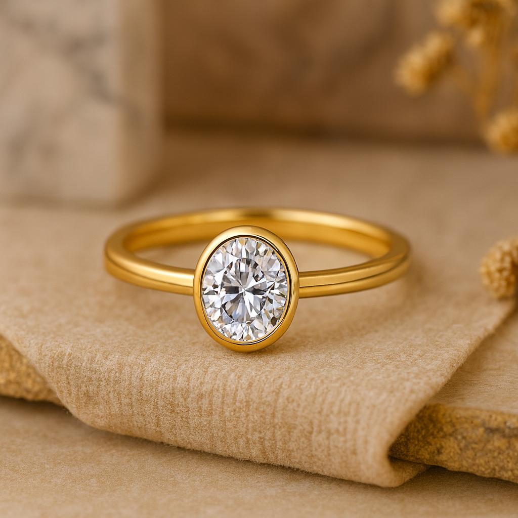 Кольцо Солитер с овальным муассанитом, Помолвочное кольцо с безельной закрепкой, Минималистичное эффектное украшение для нее, Простое обручальное кольцо Q розовый