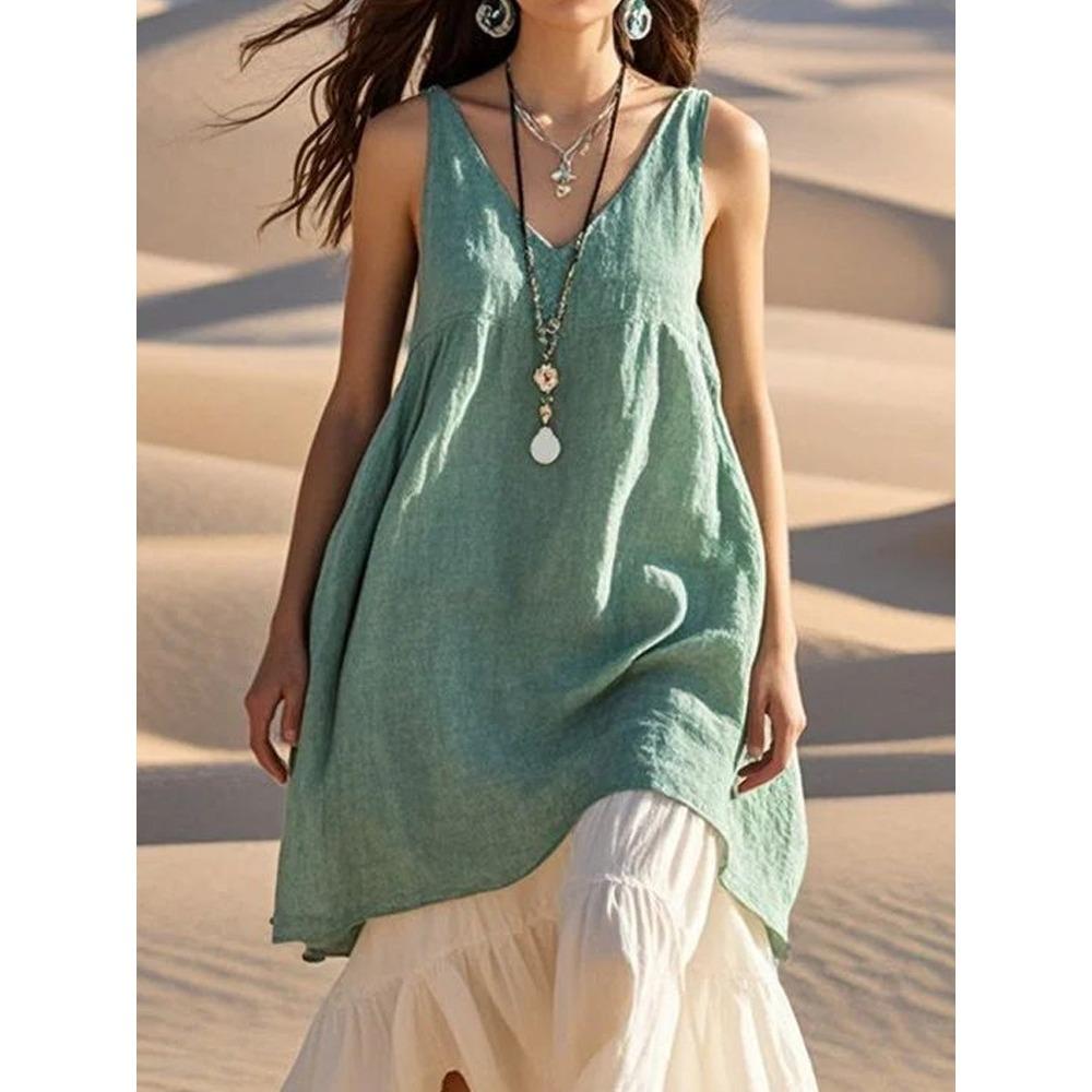 Летнее платье с V-образным вырезом из хлопка и льна, женское, без рукавов, свободного кроя, однотонное, повседневное, модное, для пляжного отдыха XXXL светло-зеленый