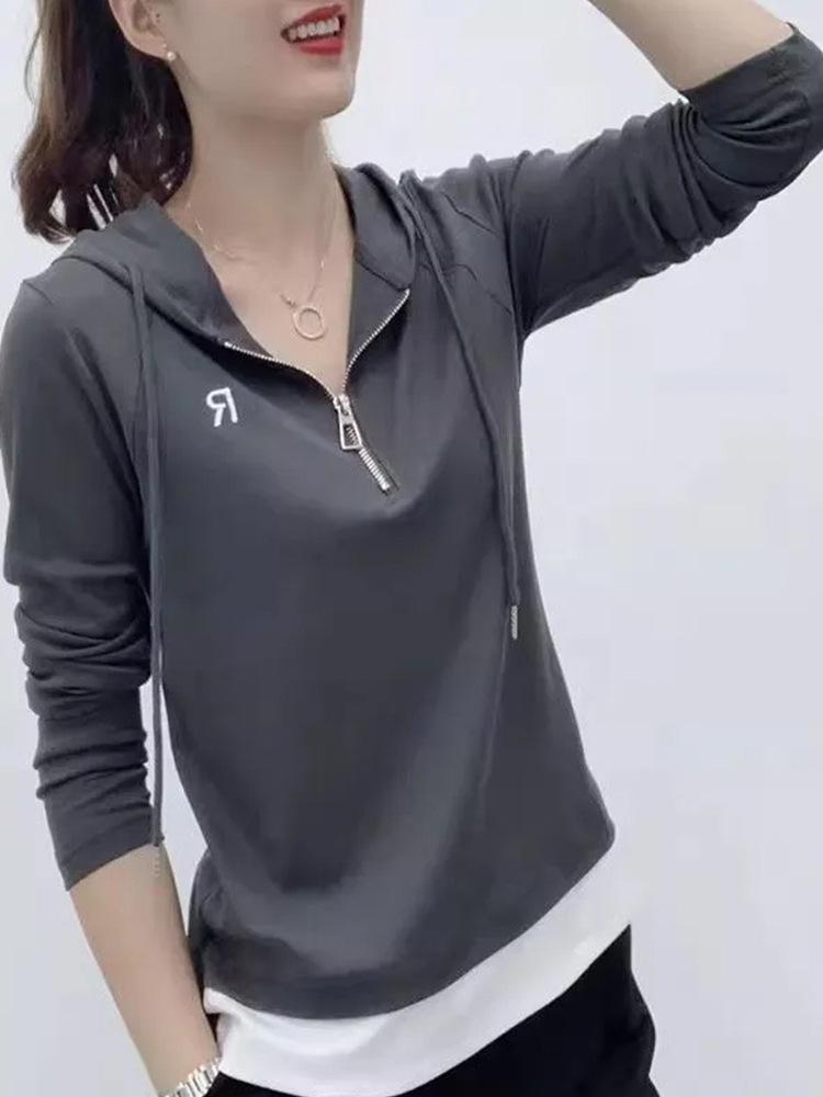 Half-zipper hooded long-sleeved foreign-style spring and autumn top splicing color fake two-piece T-shirt women M темно-сірий
Half-zipper hooded long-sleeved foreign-style spring and autumn top splicing color fake two-piece T-shirt women M темно-сірий