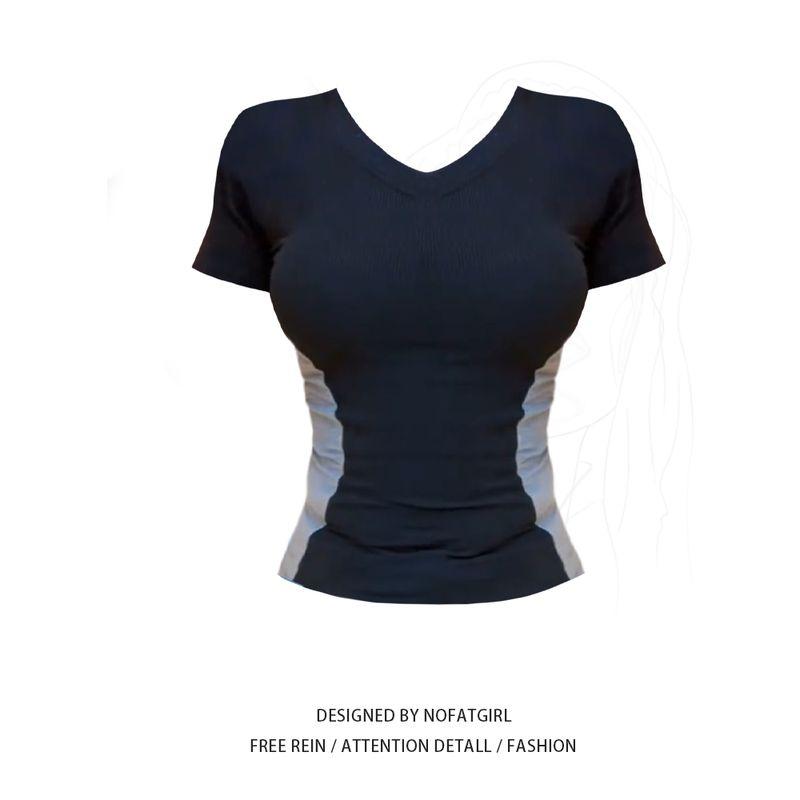 size Chubby Girl American vintage Contrast Color V-neck Shoulder Short sleeve T-shirt Women s Spring Summer Design Sense Waist Hugging Slimming Top Black Top 2XL
size Chubby Girl American vintage Contrast Color V-neck Shoulder Short sleeve T-shirt Women s Spring Summer Design Sense Waist Hugging Slimming Top Black Top 2XL