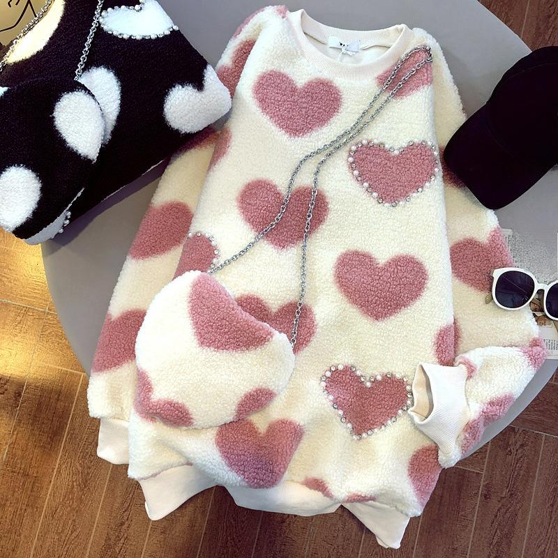 Большой размер Тяжелая промышленность Расшитый Маленький ароматный стиль Пальто из овечьей шерсти Осень и Зима Плюс бархатный свитер Женский На каждый день M розовый