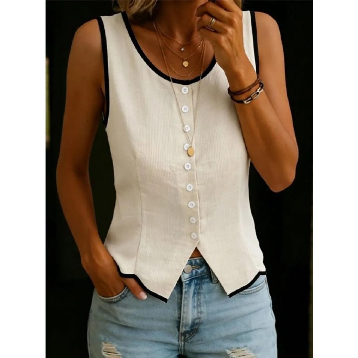Summer Women Sleeveless T-shirt, Fashion Black Contrast Trim Crew Neck Waist Cinched Button Top, European American Cross-border Casual Ladies Tee 3XL абрикосовий
Summer Women Sleeveless T-shirt, Fashion Black Contrast Trim Crew Neck Waist Cinched Button Top, European American Cross-border Casual Ladies Tee 3XL абрикосовий